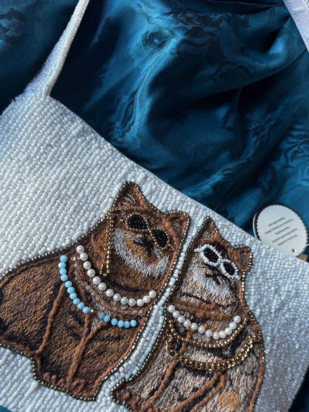 NWT Beaded Pearl Cat Shoulder Bag Embroidered Novelty Statement Purse